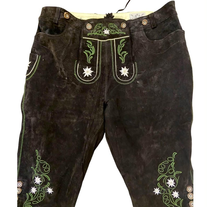 May include: Dark brown leather breeches featuring green embroidered vine patterns and white edelweiss flower motifs on the front pockets and lower legs. The garment includes a button-up front flap, belt loops, and metallic buttons.