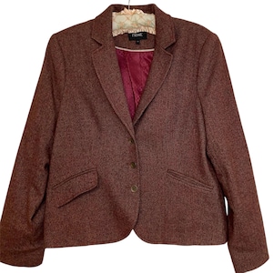 Vintage Brown Herringbone Tweed Blazer Women XL Size 20 Burgundy Wool Jacket 90s Style