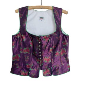 Vintage Floral Satin Dirndl Corset Top: German Trachten Vest - Size 40