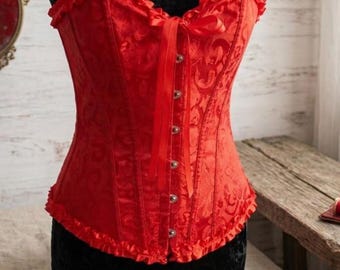 Vintage Red Corset Top Renaissance Satin Bodice Gothic Victorian Steampunk Bustier