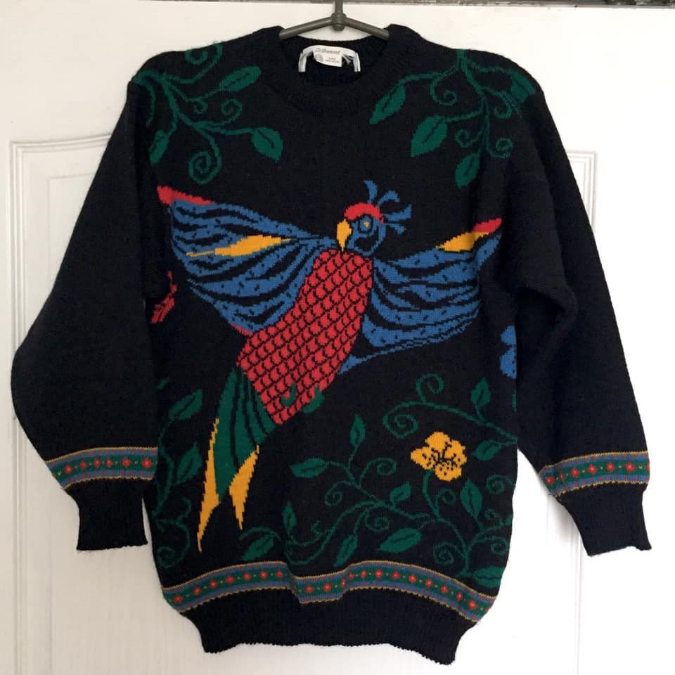 Vintage Black Wool Bird Sweater: Embroidered Cottagecore Knit