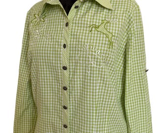 May include: A green and white gingham button-down shirt with embroidered deer and floral designs. The shirt has the text "Berg" and "I was" embroidered on it.