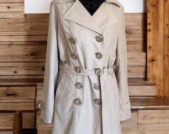 Vintage Beige Baumwolle Trenchcoat-Zweireihig Damen Größe L