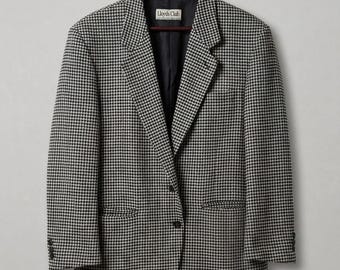 Vintage Wool Blend Houndstooth Blazer Black White Relaxed Fit Oversized Classic Jacket Minimalist