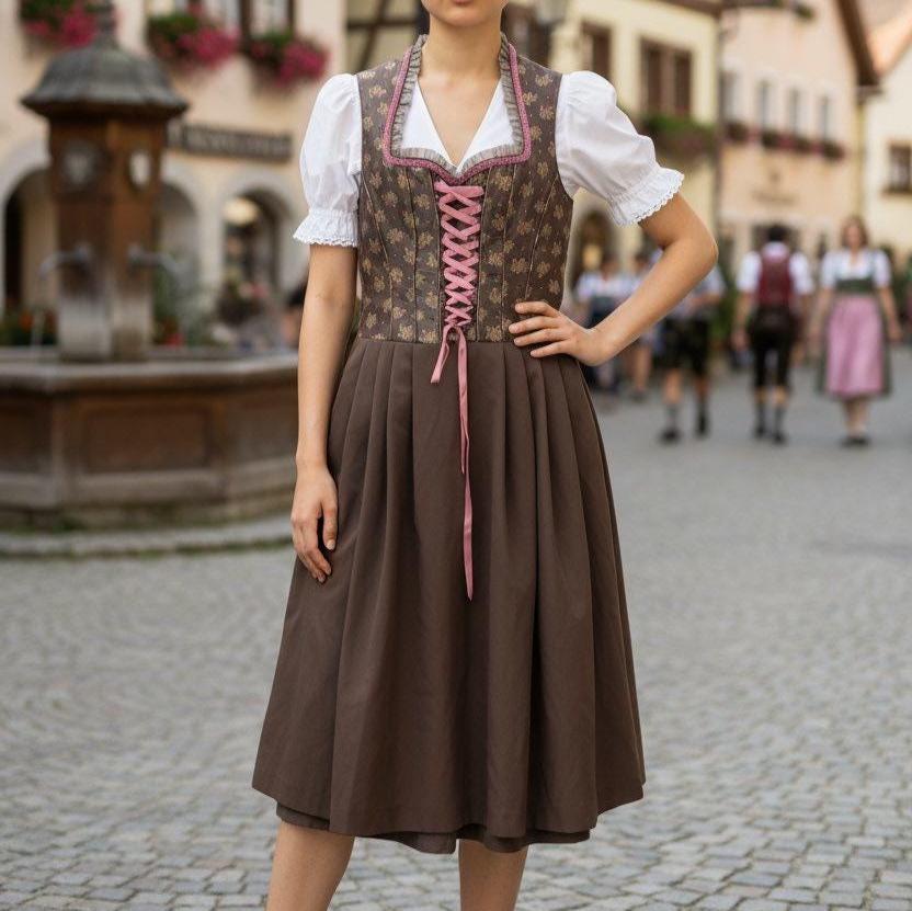 Vintage Dirndl dress Dirndl Top Landhaus Chocolate Brown & Pink Size 36