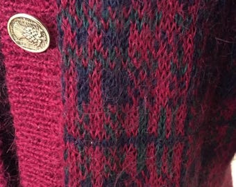 Vintage Scottish cardigan Wool fair isle cardigan Burgundy Fuzzy cardigan