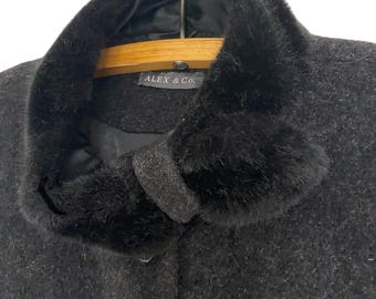 Vintage Mohair Wool Blend Coat Faux Fur Collar, Belted Back Size M-L
