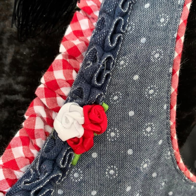 May include: A close-up of a blue denim fabric with white polka dots. The fabric has a red and white gingham trim and a white and red flower embellishment.
