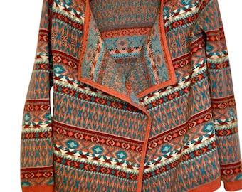 Kardigan z wełny w stylu vintage z lat 80. w geometryczny wzór: kolorowa dzianina z koralikami