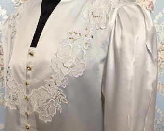 Vintage Satin Blouse, Lace Rhinestone Detail, Romantic Style