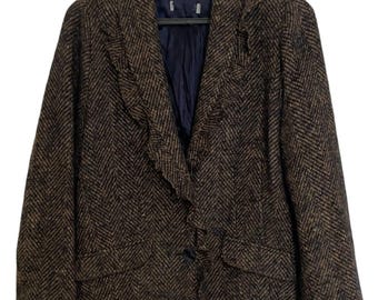 Vintage Wool Blend Tweed Blazer – Herringbone Jacket with Ruffled Collar