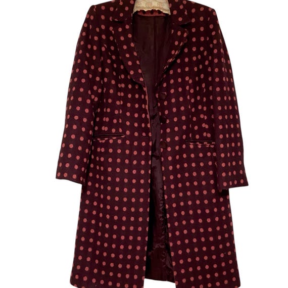 Vintage Llama Wool Trench Coat: Burgundy Swing Coat with Pink Polka Dots