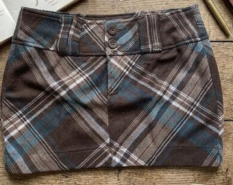 Vintage Y2K Plaid Mini Skirt, Brown Turquoise Checkered Grunge Skirt