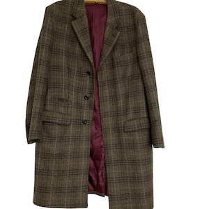 Vintage Wool Coat Men’s 42 Favourbrook London Brown Olive Tweed Overcoat Made in England