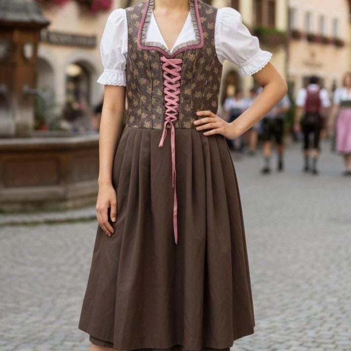 brown dirndl dress Vintage Dirndl Dress Dirndl Top Landhaus Chocolate Brown & Pink Size 36