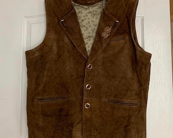 Gilet vintage en daim Gilet en cuir marron Dirndl Vest XXL