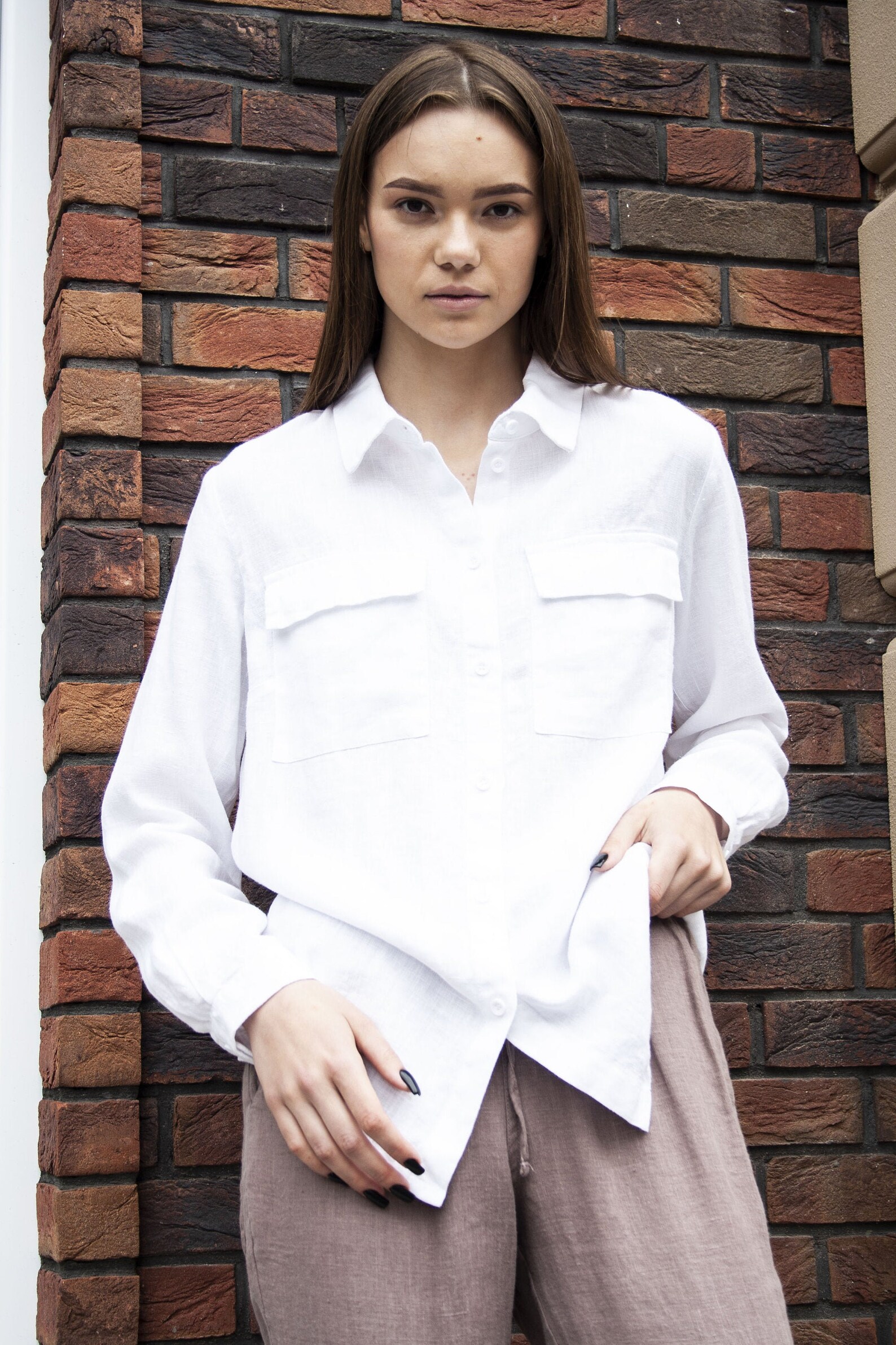 White Linen Shirt for Women with two front pockets 100 Linen Etsy