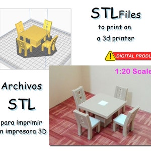 Meubles miniatures – Salle à manger avec 4 chaises à l'échelle 1:20 – Fichiers STL pour impression 3D