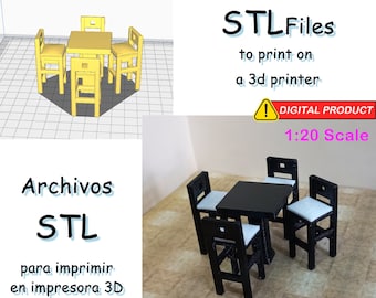 Miniature Furniture - 1:20 Scale - High bar chair and table  –  STL Files For 3D Printing