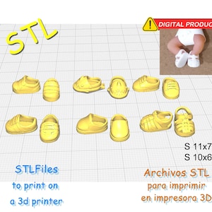 May include: A selection of yellow 3D-printed baby shoes, including sandals, clogs, and trainers. The image features the text "STLFiles to print on a 3d printer" and "DIGITAL PRODUCT".
