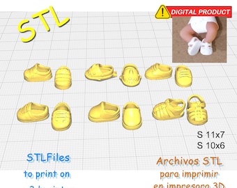 Kit de 6 modèles de mini-chaussures pour poupées bébé garçon en 2 tailles : 11x7mm et 10x6mm - Fichiers STL pour impression 3D - Mini miniatures pour bébé.