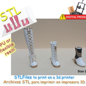 Könnte beinhalten: Digitales Produkt mit 3D-gedruckten weißen Stiefeln mit goldenen Akzenten, darunter ein kniehoher Stiefel, ein Wadenstiefel und ein Stiefelette. Das Bild zeigt auch STL-Dateien und den Text "Size 22".