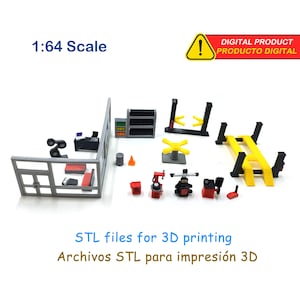 Puede incluir: Un conjunto de equipos y estructuras de garaje en miniatura a escala 1:64, que incluye un elevador, un estante para neumáticos y una estación de trabajo. El texto "Archivos STL para impresión 3D" está incluido. Un letrero de advertencia de producto digital es visible.