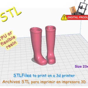 May include: Two pink 3D-printed boots. The image includes the text "STL", "TPU or flexible resin", "DIGITAL PRODUCT", "Size 23x8", and "STLFiles to print on a 3d printer". The boots are approximately 23 cm x 8 cm.