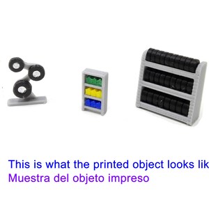 May include: Three 3D printed models: a tire rack with black tires, a shelf with colorful blocks, and a tire stand with three tires.