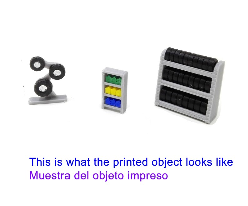 May include: Three 3D printed models: a tire rack with black tires, a shelf with colorful blocks, and a tire stand with three tires.