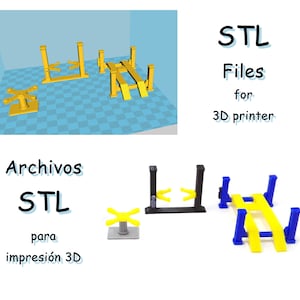 May include: STL files for 3D printing. The image shows a set of four yellow and black car lift models and a set of three blue and yellow car lift models.