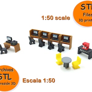 May include: A set of 3D printed miniature office furniture, including desks, chairs, and a table, in a 1:50 scale. The furniture is made of brown and black plastic and is designed for use in model railroading or other miniature settings. The image also includes the text "STL Files 3D printing" and "1:50 scale".