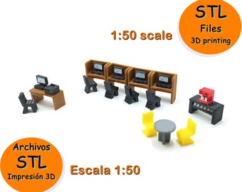 May include: A set of 3D printed miniature office furniture, including desks, chairs, and a table, in a 1:50 scale. The furniture is made of brown and black plastic and is designed for use in model railroading or other miniature settings. The image also includes the text "STL Files 3D printing" and "1:50 scale".