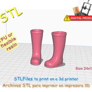 Botas de lluvia para muñecas con pie plano de 24x10cm. Imprimir con filamento TPU o resina flexible. STL impresión 3D.
