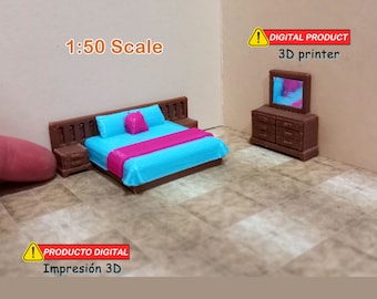 Miniature Furniture - King Size bedroom - 1:50 Scale –  STL Models For 3D Printing –digital download