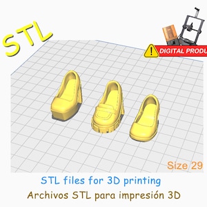 May include: Three yellow 3D-printed shoes of varying styles, including a platform heel, a loafer, and a classic pump. The image includes the text "STL files for 3D printing" and "Size 29". A digital product warning is also present.