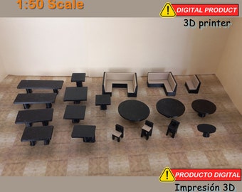 May include: A set of 1:50 scale furniture models for 3D printing. The set includes tables, chairs, and couches, all in black with a beige fabric texture. The image includes the text "DIGITAL PRODUCT 3D printer" and "PRODUCTO DIGITAL Impresión 3D".