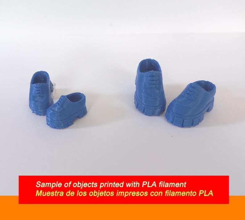 May include: Four small, blue 3D-printed shoes are arranged on a white surface. The shoes are a solid blue color and have a textured appearance. The text at the bottom reads: "Sample of objects printed with PLA filament".