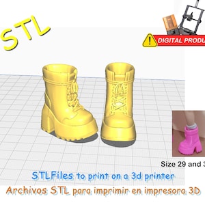 May include: Two yellow platform boots with laces, designed for 3D printing. The image includes the text "STL" and "DIGITAL PRODUCT". The boots are labeled as sizes 29 and 30. The text "STLFiles to print on a 3d printer" is also present.