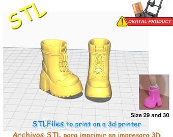 Botas de plataforma con agujetas para muñecas con pie en punta de 29x13 mm ó 30x14mm. Archivos STL impresora 3D. Botas Miniatura.
