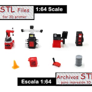 Puede incluir: Un conjunto de modelos imprimibles en 3D para un taller de neumáticos a escala 1:64. El conjunto incluye un desmontador de neumáticos, un gato, un cono, un soporte de gato, un barril y una caja de herramientas. Archivos STL para impresora 3D. Escala 1:64. Archivos STL para impresión 3D.