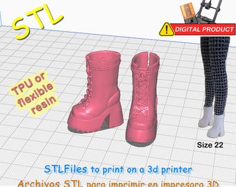 Botas de plataforma con agujetas para muñecas con pie en punta de 22mm para imprimir con TPU ó resina flexible Archivos STL impresora 3D.