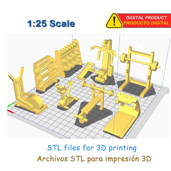 Kit artículos para gimnasio escala 1:25 - Muebles Miniatura - Archivos STL para impresión 3D
