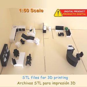 Puede incluir: Un modelo a escala 1:50 de un consultorio dental, impreso en blanco y negro. El modelo incluye un mostrador de recepción, una sala de espera y una silla dental. La imagen incluye el texto "DIGITAL PRODUCT PRODUCTO DIGITAL" y "STL files for 3D printing Archivos STL para impresión 3D".