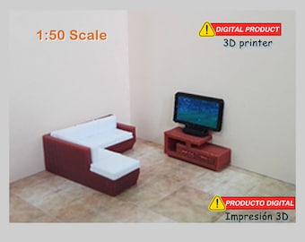 Muebles Miniatura – sofá esquinado sala TV – Escala 1:50  - Archivos STL para impresión 3D