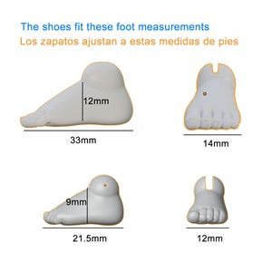 May include: Image showing four white foot models with measurements in millimeters. The text at the top reads, "The shoes fit these foot measurements" and "Los zapatos ajustan a estas medidas de pies."