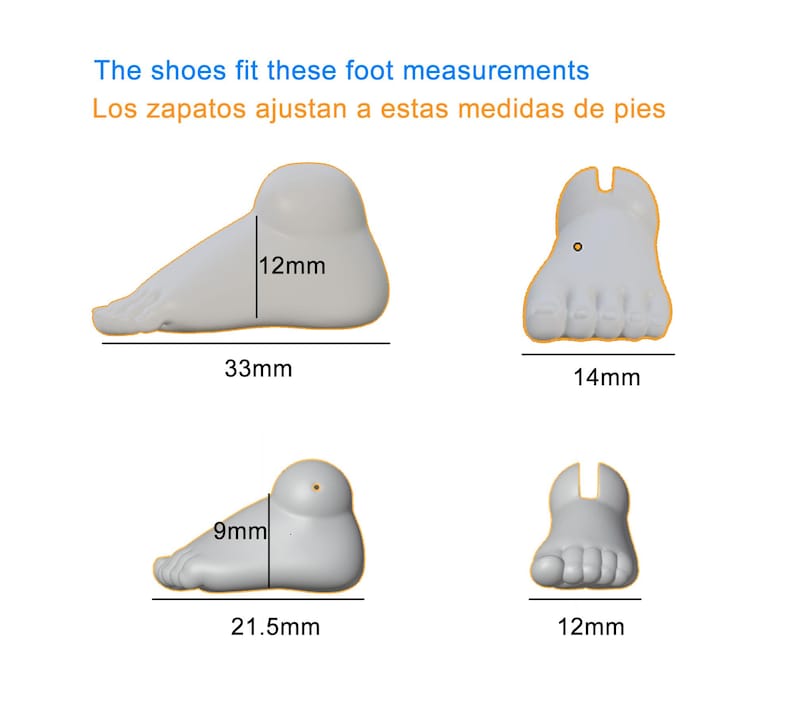 May include: Image showing four white foot models with measurements in millimeters. The text at the top reads, "The shoes fit these foot measurements" and "Los zapatos ajustan a estas medidas de pies."