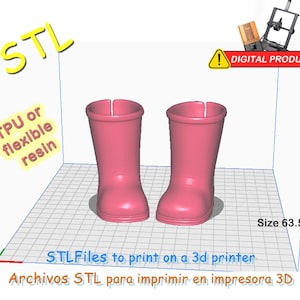 Puede incluir: Un par de botas de lluvia rosas impresas en 3D. La imagen incluye el texto "STL", "TPU or flexible resin", "DIGITAL PRODUCT", y "STLFiles to print on a 3d printer". El tamaño es 63,5.