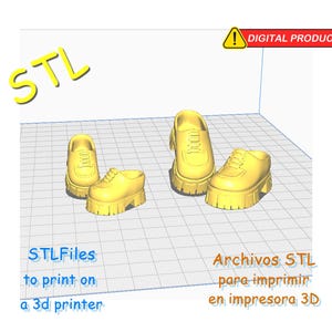 Puede incluir: Cuatro zapatos amarillos impresos en 3D con suelas gruesas se muestran sobre un fondo de cuadrícula. La palabra "STL" está en amarillo en la parte superior izquierda. El texto de abajo dice "STLFiles to print on a 3d printer". Una advertencia de producto digital está en la parte superior derecha.