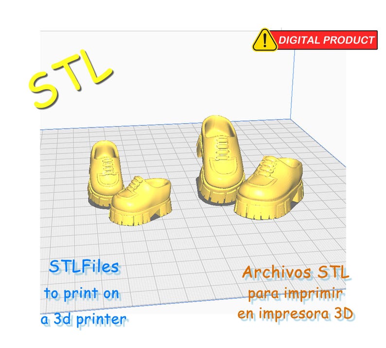 May include: Four yellow 3D-printed shoes with thick soles are displayed against a grid background. The word "STL" is in yellow at the top left. Text below reads "STLFiles to print on a 3d printer". A digital product warning is at the top right.